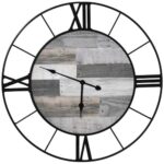 Large 32-inch Roman Numeral Wall Clock Black Metal with Grey Wood